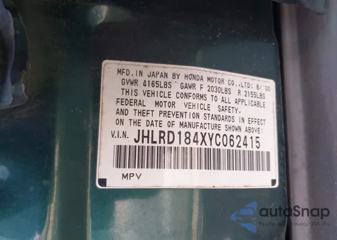 2000 Honda Cr-V Lx z USA, uszkodzony, nr VIN JHLRD184XYC062415